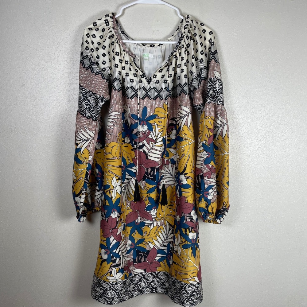 Jade Melody Tam Women Small Boho Tropical Floral Geometric Tassel Mini Dress